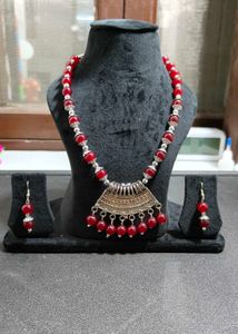 Tibetan silver & red Pendant Necklace & Earrings J