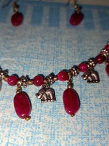 Ruby Beaded Elephant Charm Necklace &amp; Earring Set