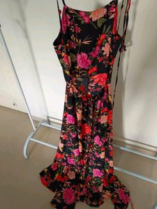 Black Floral Printed Backless Tie Up Maxi Dress