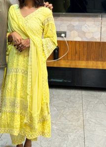 Lime Anarkali Dupatta Pant &amp; Suit Set