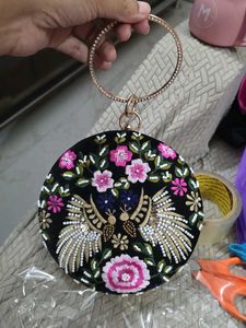 Black Velvet Pink Embroidery Round Hand Clutch