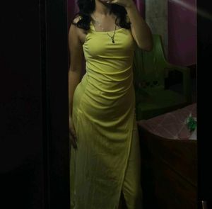 yellow drapped square neck dress
