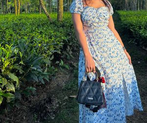 Blue Flower Printed Midi Dress
