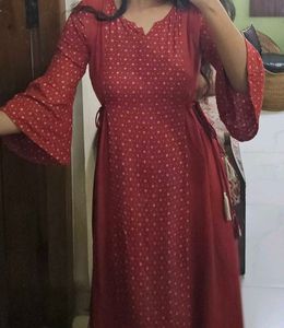 Red Printed Kurti With Tie Up