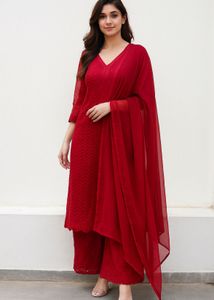 Red Chikankari Set Of 3