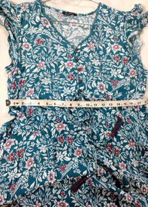 Teal Floral Midi Dress With Very Short Sleeves