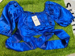 Blue Satin Crop Top M Size