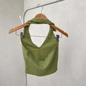 Green Sleeveless Polo Crop Top