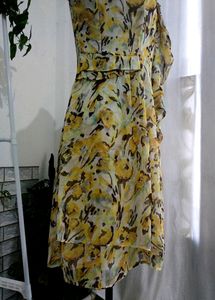 Yellow Ruffled Printed Knee Length Dress