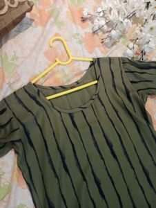 Unused Olive Green Striped Kurta, Size - L