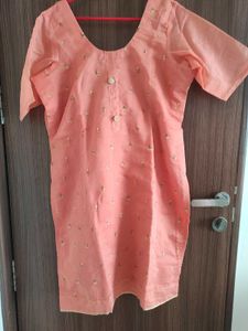Peach/Coral  Embroidered Kurti With Duppata Suit