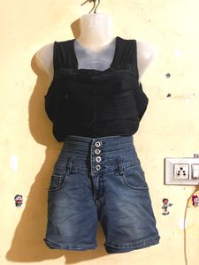 Black Top & Denim Shorts Set
