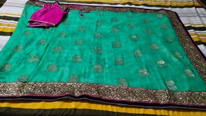 Green Chiffon And Net Sari With Blouse