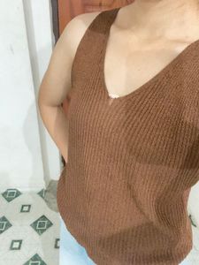 Brown Ribbed Knit Tank Top