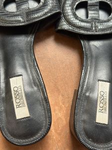 Rosso Brunello Black Embossed Leather Slide Sandal