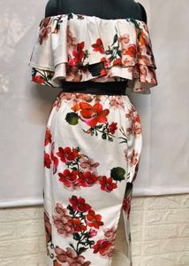 Floral Off Shoulder Cord Set With Pencil Skirt