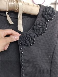 Black Crop Jacket With Embellished Neck Open Front