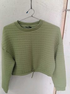 Green Cropped Textured Sweatshirt