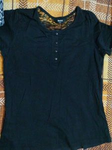 Max Black Button-Down Top w/ Lace Detail