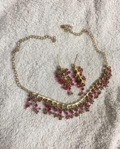 Gold Plated Party Wear Pink Necklace Set For Women