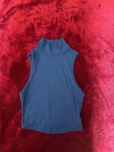 Blue Ribbed Mock Neck Top