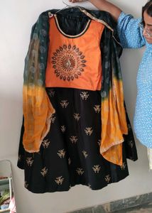 Orange &amp; Black Embroidered Lehenga