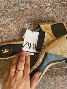 Zara Gold Snakeskin Print Slides - Size 38