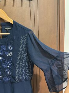 Floral Embroidered Navy Blue Kurti Dress – Size M