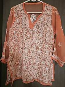 Peach Chikankari Net Kurta