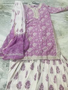 Pink Off white Kurta Three Pice Set With Sharara