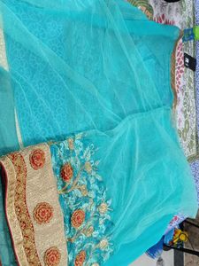 Teal Blue &amp; Gold Embellished Saree
