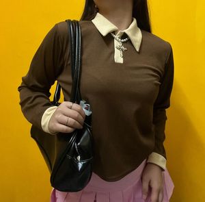 Brown Ribbed Polo Long Sleeve Top