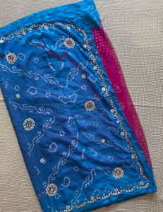 Blue And Pink Bandhani Heavy Saree
