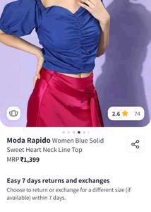 Blue Solid Sweet Heart Neck Line Top