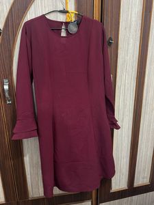 Burgundy Dress with Ruffle Sleeves