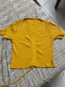 Yellow Ribbed Tie-Front Top