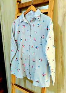Floral Print Sky Blue Cotton Shirt Size-42