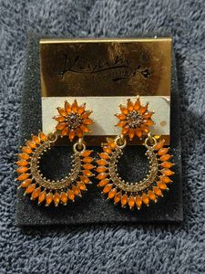 Bright Orange Floral Hoop Earrings with Gold Finis