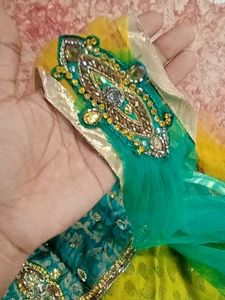 Yellow+bottle Green Lehenga choli/ Half Saree