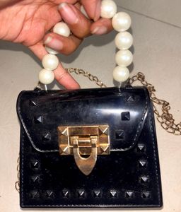 Black &amp; Gold Pearl Mini Handle Bag