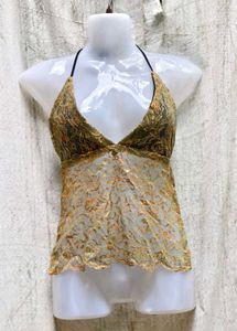 I. Gold Lace Halter Top