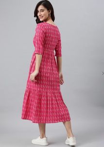 Janasya Printed Tiered Dress With Waist Tie-up