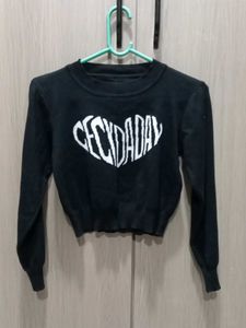 Black Heart Print Cropped Sweater