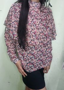 Red Floral Print Front Gathered Shirt