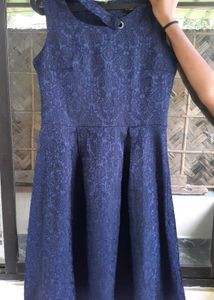 Navy Blue Textured Fit & Flare Dress
