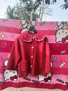 Red Cardigan Coat  with Fringed Collar