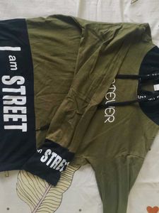 Black And Dark Dull Green Full Sleeve Top