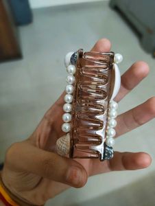 Hair Claw Clip, Real Sea Shells And White Pearls