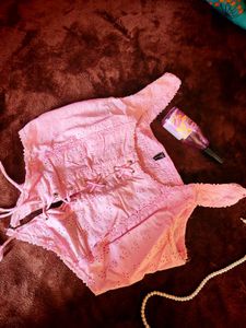Pink Floral Eyelet Lace-Up Top