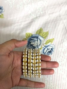 Golden Bangles With White Beads (Set of 4)